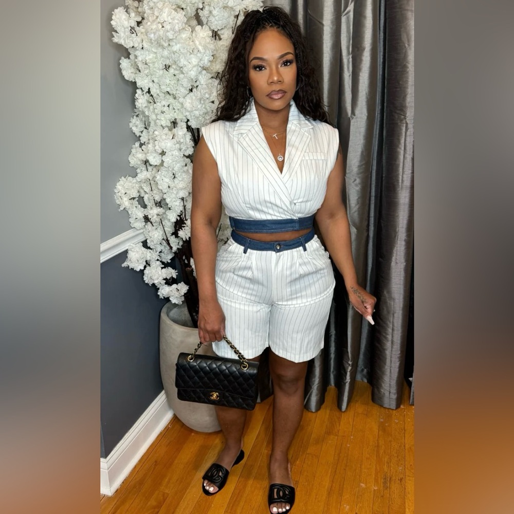 Striped White and Blue Two-Piece Set